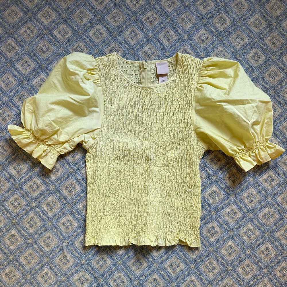 H&M Yellow Cotton Blouse with Smocked Bodice and Puff Sleeves